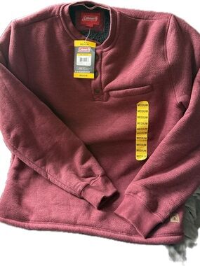 Coleman Men's Long-Sleeve Henley Pull Over Red Crimson Burgundy M Sherpa Lined